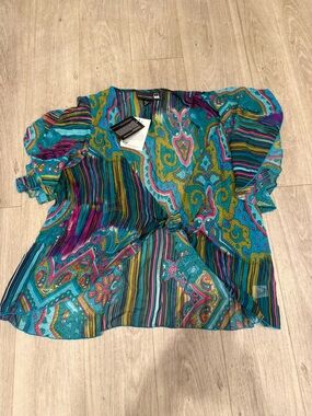 Vibrant Turquoise Multi-Print paisley sheer tie front blouse top